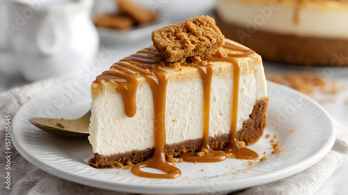 Biscoff cheesecake slice with caramel topping on white ceramic plate