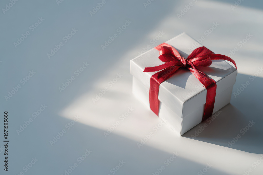 Fototapeta premium minimalistic celebration of christmas in usa featuring one small christmas gift with bright ribbon on clean