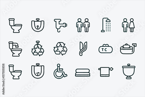 Collection of modern line art icons representing bathroom fixtures amenities and symbols for public facilities