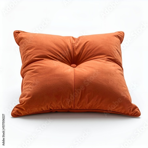 Comfortable cushioned orange pillow resting on neutral surface, simple home decor on white background