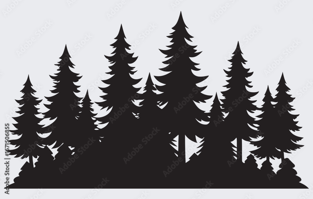 Obraz premium dense forest made by pine tree silhouette Vector Art Illustration, vector set of trees
