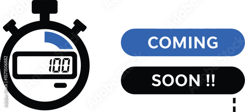 Digital timer showing one hundred with coming soon message on white background