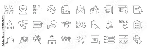 Survey icon set. Containing feedback, opinion, questionnaire, poll, research, data collection, review and satisfaction icons. Outline icon collection.
