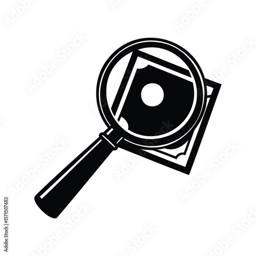 Magnifying glass examining a stack of money, representing financial scrutiny.