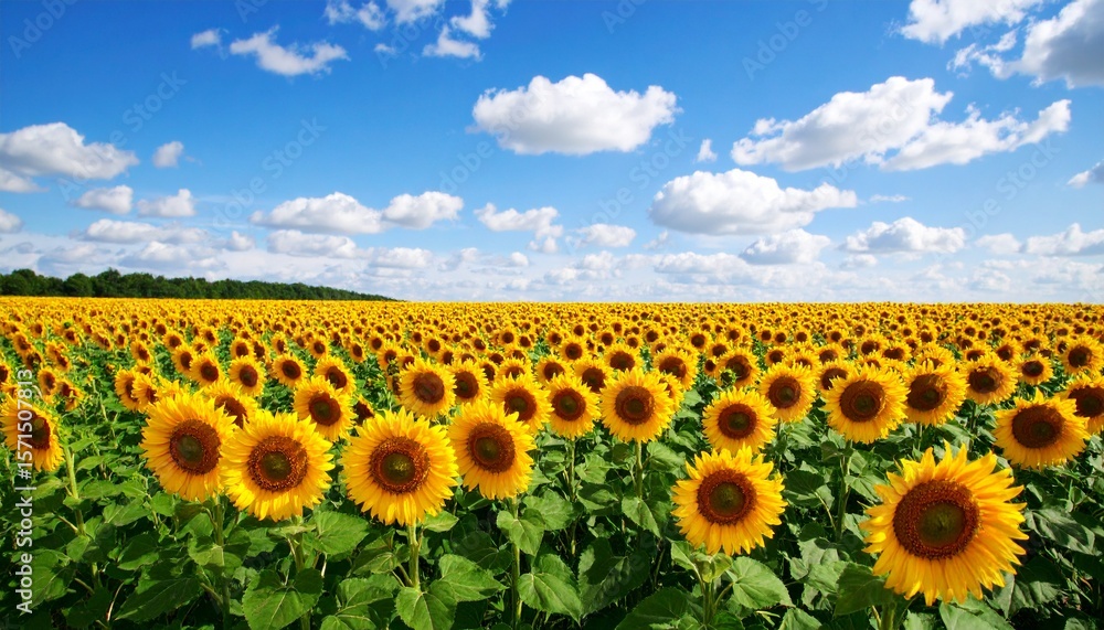 Obraz premium Sunflowers in full bloom under blue sky – energetic summer scenery/ 青空の下で満開のひまわり – 元気あふれる夏の風景