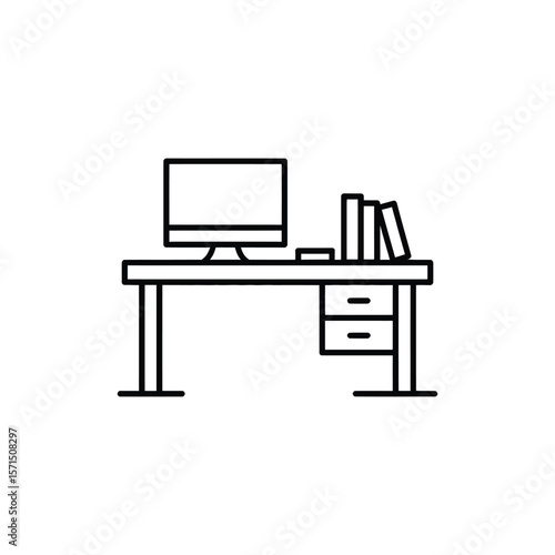 Simple line art illustration of a desk with a computer and books