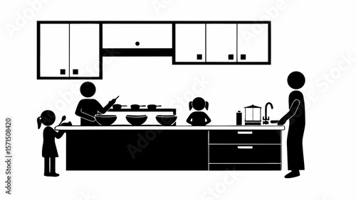 Stick figures in a kitchen with cabinets, counter, sink, bowls, and cooking utensils preparing food