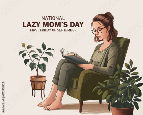 National Lazy Mom's Day vector.  Woman resting with hands behind her head vector. Lazy Mom's Day Poster, first Friday of September.