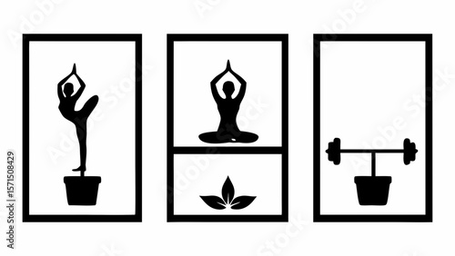Three framed images showing yoga poses, a lotus flower, and a barbell above a flower pot art