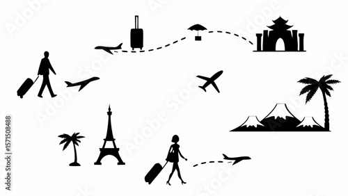 Illustration showing travel destinations with planes, people, and landmarks in black and white design