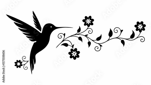 Silhouette of a hummingbird flying towards a floral branch with flowers and leaves design element