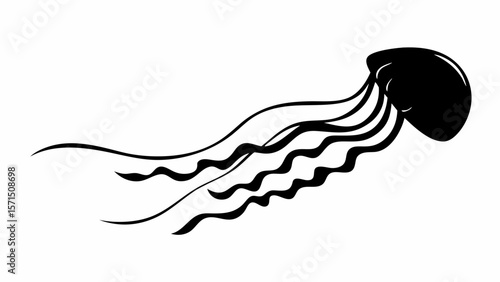 Silhouette of a jellyfish with long tentacles flowing in the water, isolated on a white background