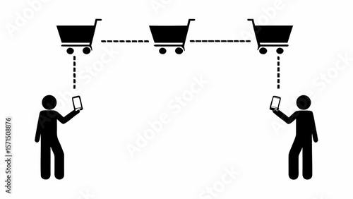 Illustration of people using smartphones to connect with shopping carts in a virtual marketplace