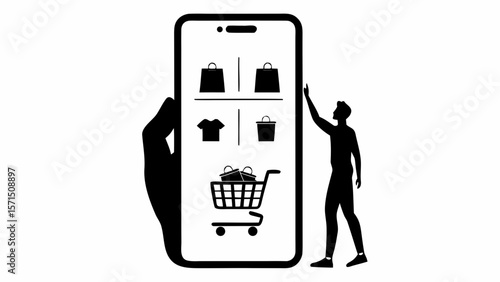 A person interacts with a mobile phone displaying an online shop with a shopping cart and items for sale