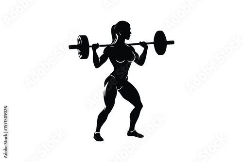 muscular woman powerlifting weight, barbell, weightlifting, athletic, fit, silhouette, black and white, detailed, digital illustration