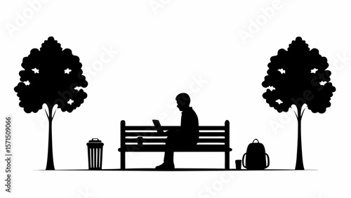 Silhouette of a person on a bench with laptop between trees trashcan and backpack in a park setting outdoors