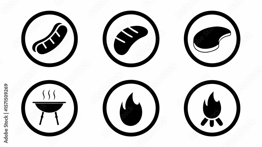 Black and white icons depicting sausage steak and flames inside circles for grilling or barbecue theme Black and white icons depicting sausage steak and flames inside circles for grilling or barbecue theme