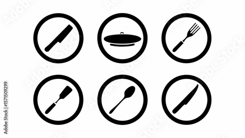 Illustration of kitchen utensils including knives, forks, spoons, spatula and a pot with a lid inside circles