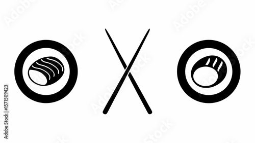 Illustration of two sushi rolls with crossed chopsticks in the middle on a white background design