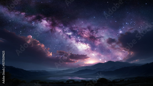 Mountain landscape and space fantasy sky purple color tone.