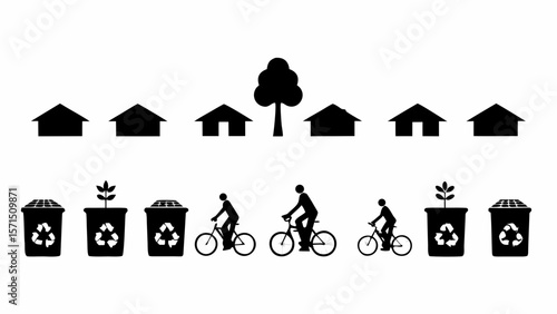 Illustration showing houses, a tree, recycling bins, and people riding bicycles in black and white style