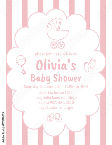 Hand drawn baby shower invitation on Striped pink background. Elegant pastel vector template for newborn party and baby event decor. Flat simple baby shower card.