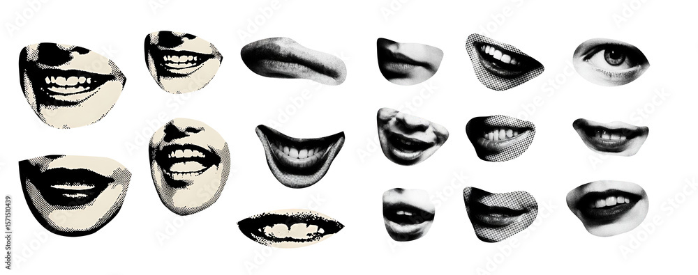 Trendy halftone collage elements set. Cutout from magazine quirky portrait faces with grunge punk doodle scribbles collection. Modern retro elements are isolated Trendy halftone collage elements set. Cutout from magazine quirky portrait faces with grunge punk doodle scribbles collection. Modern retro elements are isolated