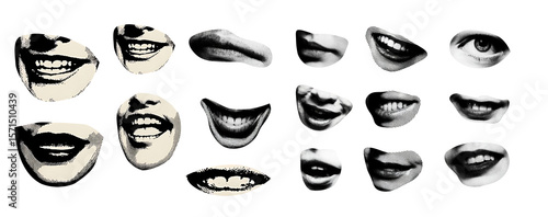 Trendy halftone collage elements set. Cutout from magazine quirky portrait faces with grunge punk doodle scribbles collection. Modern retro elements are isolated