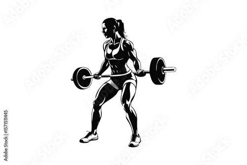 muscular woman powerlifting weight, barbell, weightlifting, athletic, fit, silhouette, black and white, detailed, digital illustration