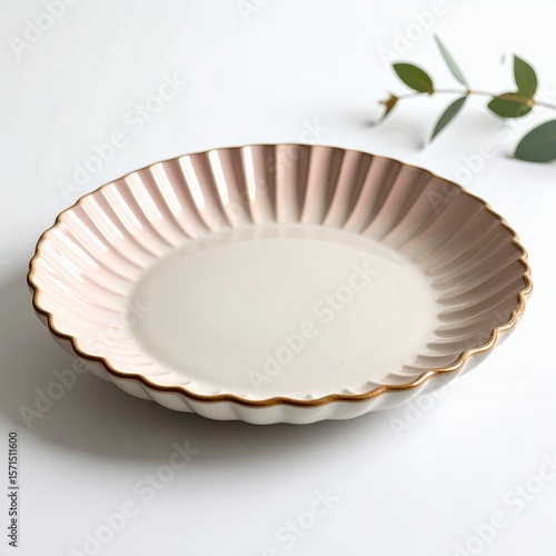 Elegant fluted ceramic plate with soft blush hues and gilded rim detail on white background