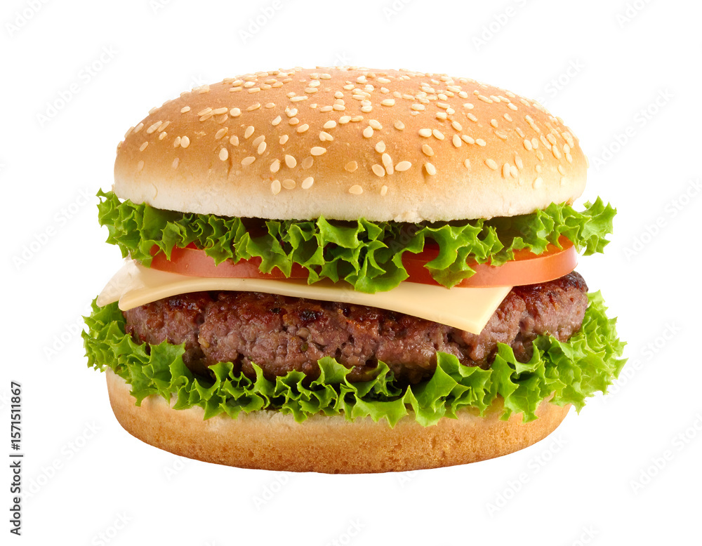 A delicious classic hamburger with fresh lettuce, ripe tomato, and melted cheese on a sesame seed bun. A delicious classic hamburger with fresh lettuce, ripe tomato, and melted cheese on a sesame seed bun.