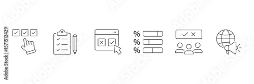 Survey icon set. Containing feedback, opinion, questionnaire, poll, research, data collection, review and satisfaction icons. Outline icon collection.