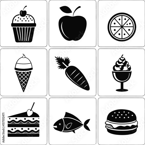 A set of food icons in black silhouette on white squares