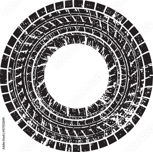 Grunge Tire Track Circle Silhouette in Black | Off-Road Wheel Mark Illustration Vector Format