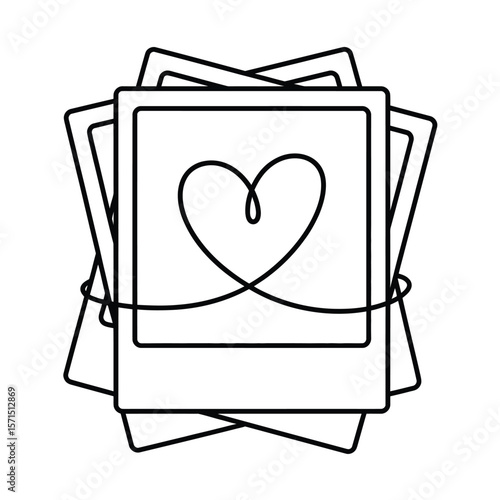 Stack of instant photos with a continuous line drawing of a heart