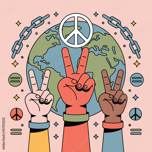 Peace Sign Hands Earth and Chains Vector Illustration