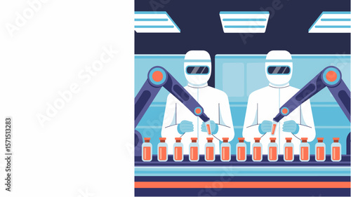 Biotechnologists in cleanroom operating robotic arms filling vials, pharmaceutical vector illustration