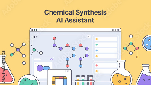 Chemical synthesis interface with AI suggestions, vector illustration