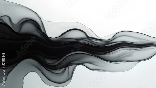 Eine künstlerische, abstrakte Szene zeigt schwarze Tinte, die in klarem Wasser wirbelt. Fließende, rauchartige Muster mit sanften Verläufen von tiefem Schwarz bis zu rauchigem Grau. KI Generated