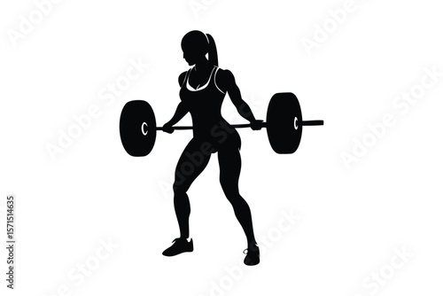 muscular woman powerlifting weight, barbell, weightlifting, athletic, fit, silhouette, black and white, detailed, digital illustration