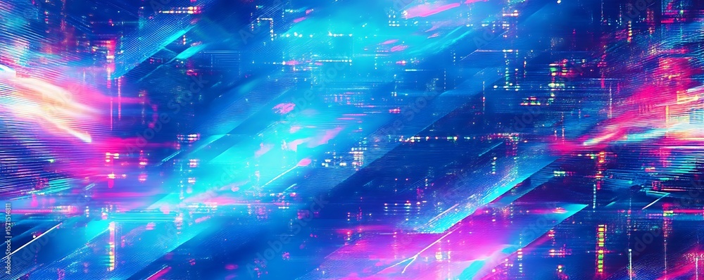 Fototapeta premium Abstract blue, mint, and pink background with interlaced digital glitch and distortion effect. Futuristic cyberpunk design. Retro futurism, web punk.