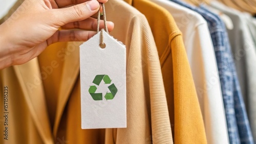 A hand holds a tag featuring a green recycling symbol, attached to various clothing items, emphasizing sustainability in fashion.