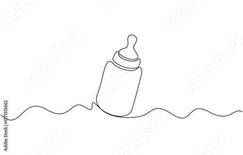 Continuous single drawn one line bottle for feeding babies. Bottle nipple of baby pacifier, Bottle nipple of baby pacifier. Baby feeding concept line art minimal design isolated on white background.