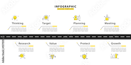 Timeline Creator infographic template. 8 Step timeline journey, calendar Flat simple infographics design. presentation graph. Business concept with 8 options, Highway road vector illustration.