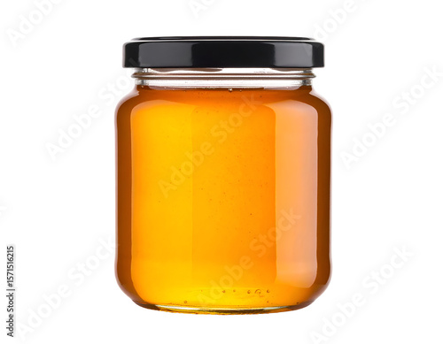 Pure golden honey shimmers inside a transparent glass jar, capped with a modern black lid.