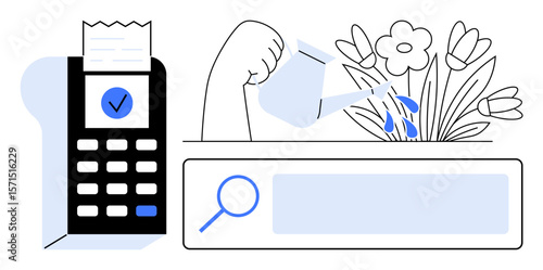 Hand watering flowers, payment terminal with receipt, and search bar interface highlighting growth, nurturing, success, technology, financial progress, nature and balance. Ideal for finance tech