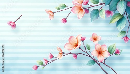 Delicate watercolor leaves and flowers, soft horizontal stripes,  serenity,  nature