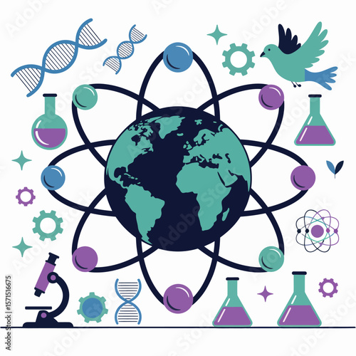 Science and Biology Illustration with Globe Atom D N A Microscope and Beakers