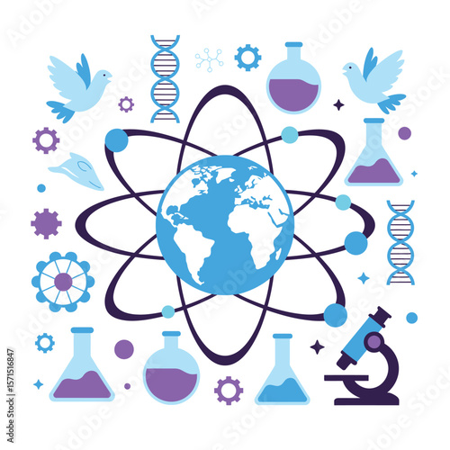 Science and Earth Illustration with Atom, Beakers, D N A, and Microscope