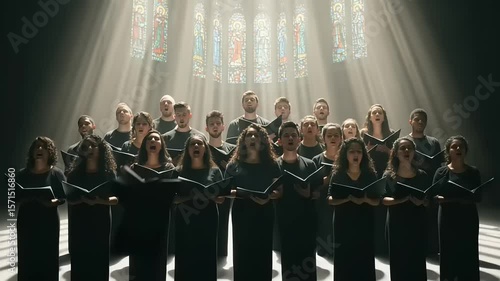 Choir Performance in a Church with Stained Glass Windows Bathed in Sunlight, Artistic